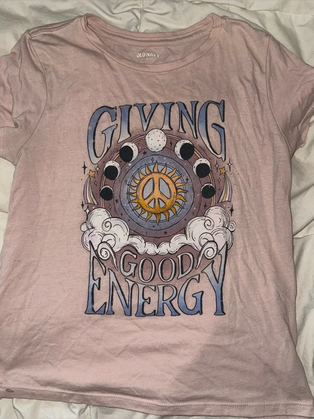 Old Navy Pink Graphic Tee with 'Giving Good Energy' Sun & Moon Art